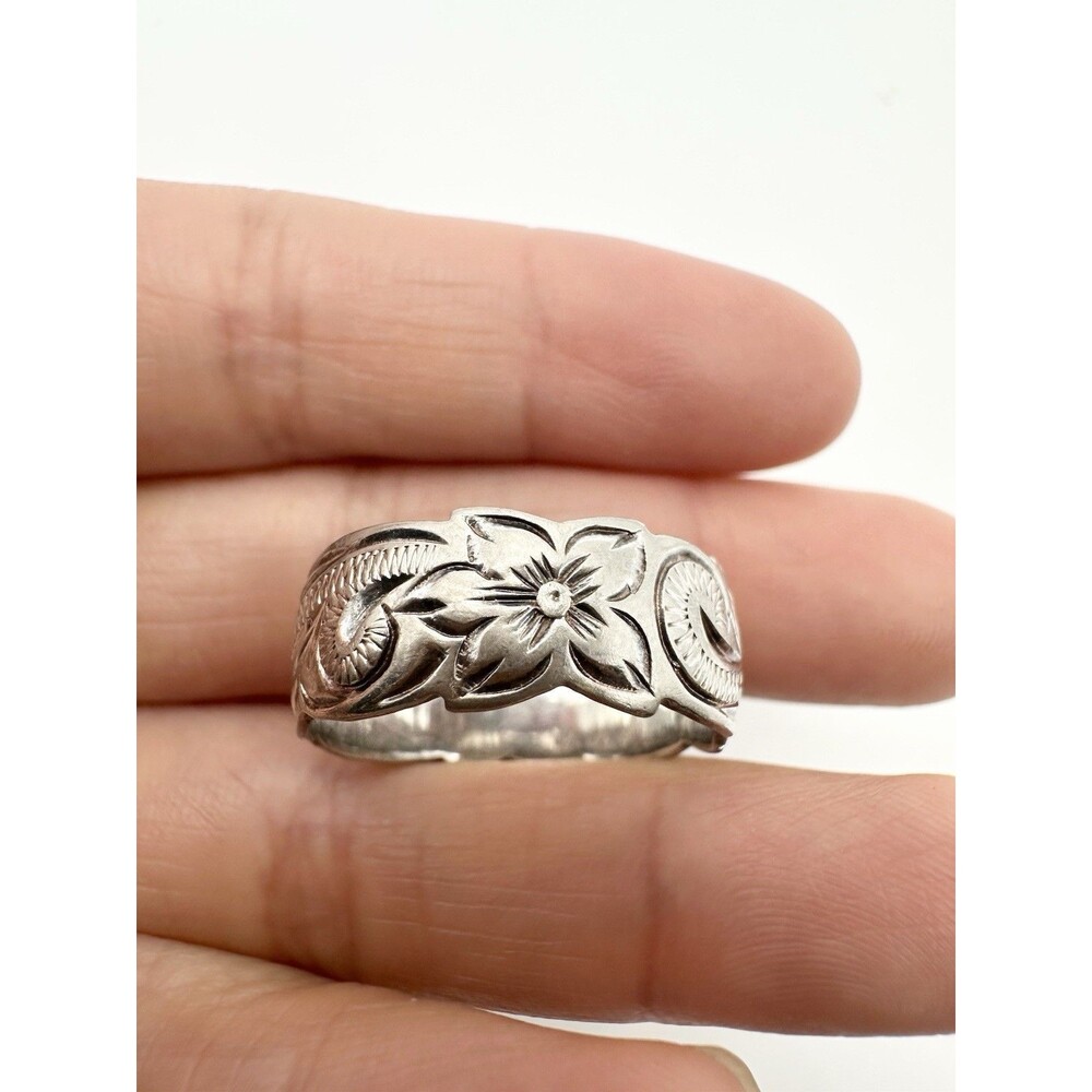 Hawaiian Plumeria Sterling Silver Scroll Wedding Ring Band 8mm Size 9.25